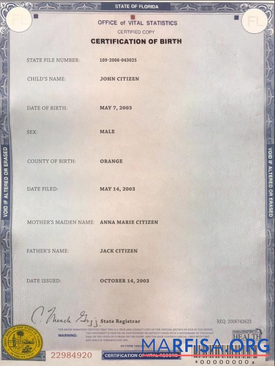 Downloadable USA Florida state birth certificate template in PSD format